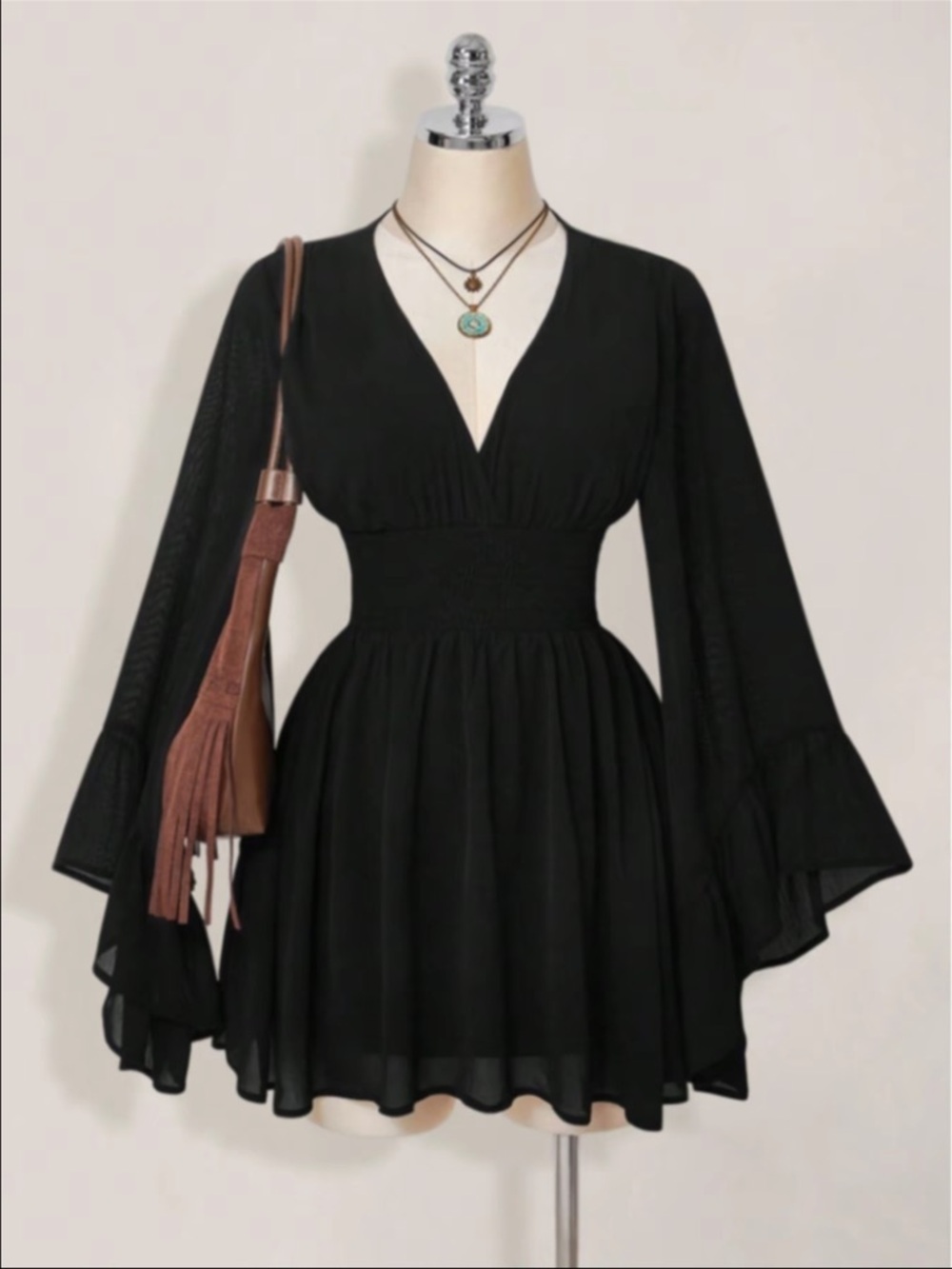 Black V-Neck Smocked Waist Bell Sleeve Dress